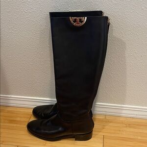 Women Tory Burch Black Knee-High Boots with Gold Accent Back Full Zipper 7.5
